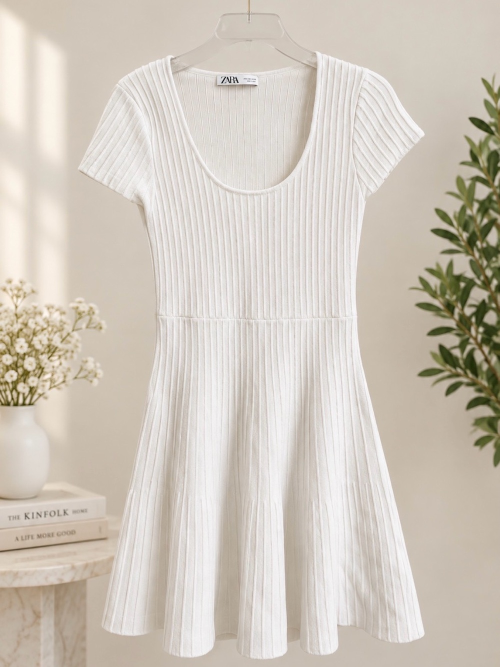 ZARA White Ribbed Knit Fit & Flare Mini Dress – Scoop Neck Short Sleeve sz M